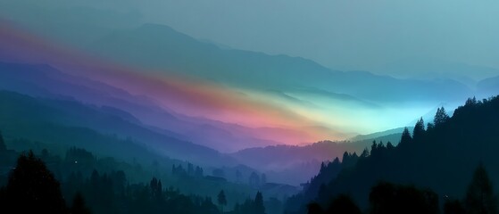 Light fog diffusing rainbow pattern over distant valley background.