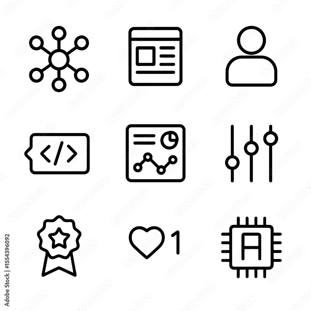 Poster ai personalization icons. outline icon set of ai-driven content personalization: neural network, con