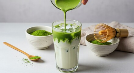 Smooth stream of matcha pouring into a tall glass of iced milk, creating a cloudy green pattern, surrounded by matcha spoon, whisk, and bowl on a white table.