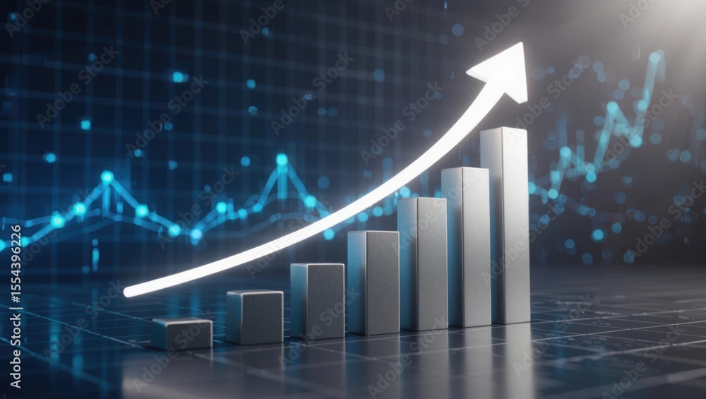 Poster digital growth chart with upward arrow and glowing blue data lines on a dark grid background