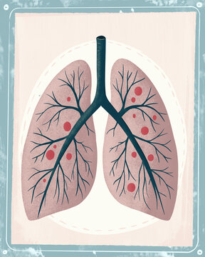 Illustration of human lungs depicting disease and respiratory system anatomy