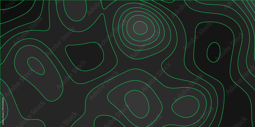 Poster abstract green black background with topographic line map pattern. abstract wavy and curved lines ba