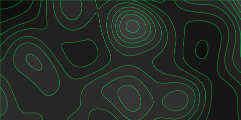 Abstract green black background with Topographic line map pattern. abstract wavy and curved lines background. linear map. Dark seamless design. Bold tile able isolines pattern. Vector illustration.