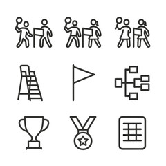 Fototapeta premium Badminton Icon Set. Outline icon set of Badminton Tournament Play: singles match, doubles match, mixed doubles, umpire stand, line