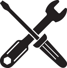 screwdriver and wrench crossed silhouette, black and white silhouette, vector and illustration