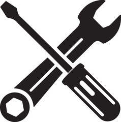 screwdriver and wrench crossed silhouette, black and white silhouette, vector and illustration