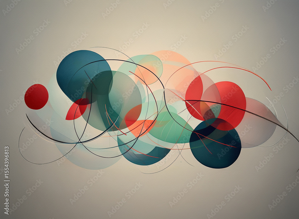 Poster abstract image featuring overlapping circles in teal, red, and dark blue hues on a light background 