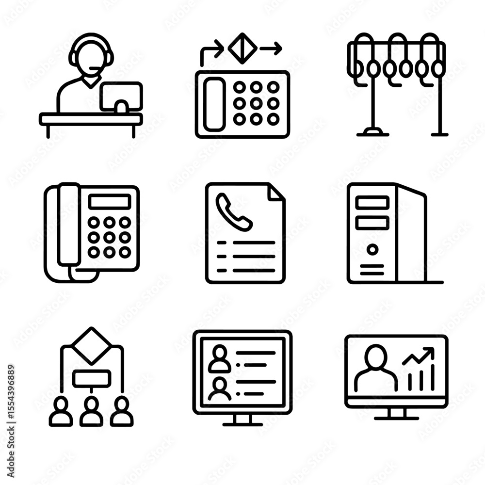 Poster call center icons. outline icon set of call center infrastructure: operator desk, call routing switc
