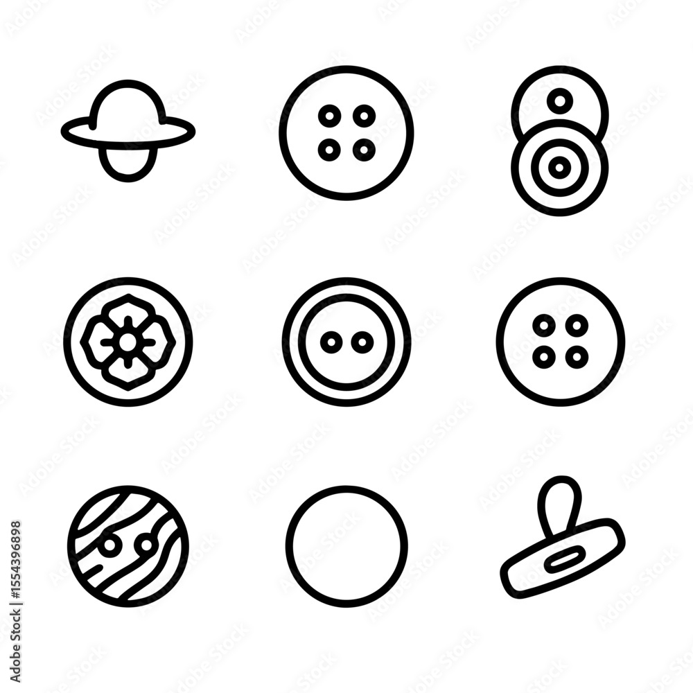 Poster button styles icons. outline icon set of clothing button styles: shank button, sew-through button, s