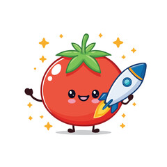 Minimal Flat Vector of a Cute Tomato Holding Missile with Happy Expression No Gradients Clean Style