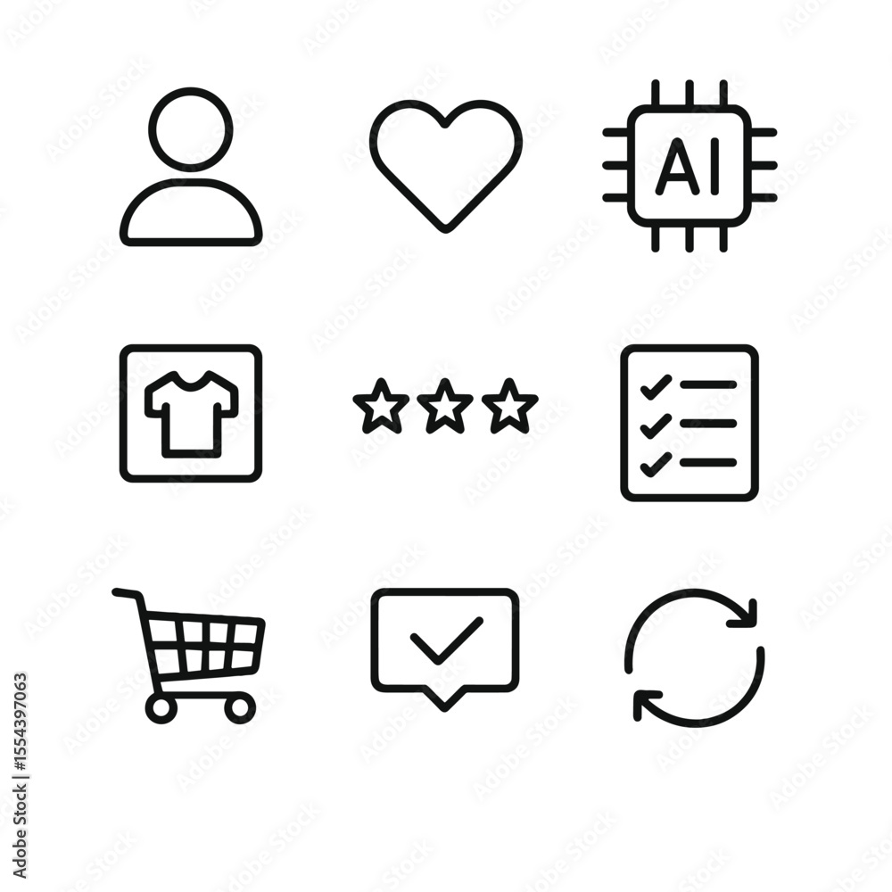 Poster ai icon set. outline icon set of ai-driven personalized recommendations: user profile, heart favorit