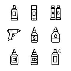 Adhesive Icon Set. Outline icon set of adhesive types: glue tube, glue stick, epoxy resin, hot glue gun, super glue, wood glue,