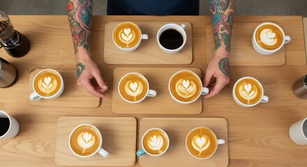 Artisan Coffee Latte Art A Flat Lay of Exquisite Coffee Creations