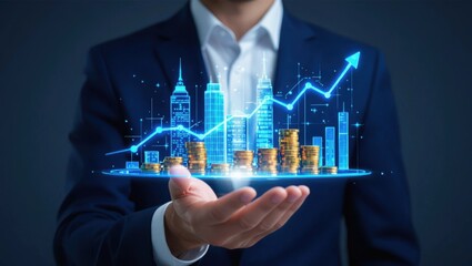 Businessman s hand displays a futuristic financial growth chart with stacks of gold coins and digital city skyline