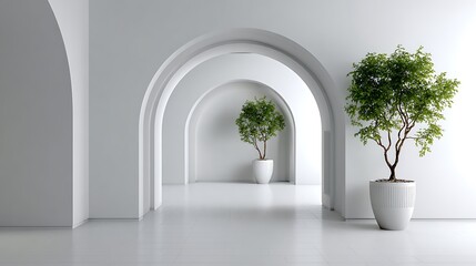 Fototapeta premium A minimalist interior with potted trees and an archway, creating a clean and serene modern design