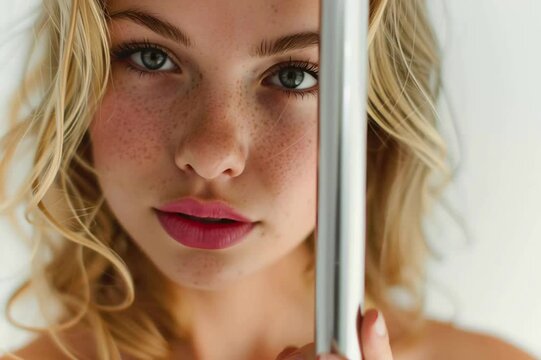 Blonde Stripperin an Poledance Stange vor weissem Hintergrund