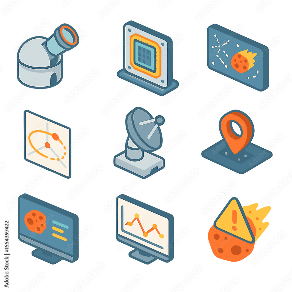 Poster asteroid tracking icons. isometric flat icon set of asteroid detection and tracking: telescope obser