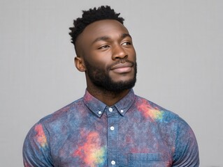 Obraz premium Confident man with stylish galaxy-patterned shirt showcasing unique fashion sense and strong personal style capturing modern elegance and individuality in a vibrant backdrop