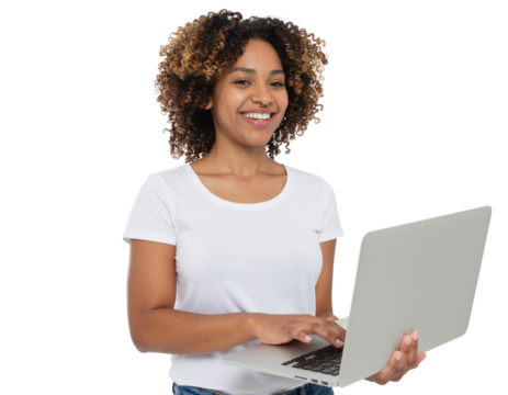 Cheerful Young Woman Laughing While Typing on Laptop, Front-Facing Pose, isolated on transparent background