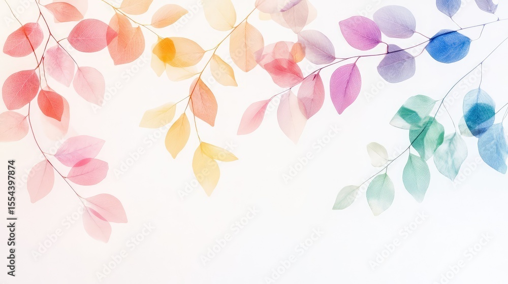 Poster elegant branch with spectral-colored leaves, creating harmony between nature and design minimalism