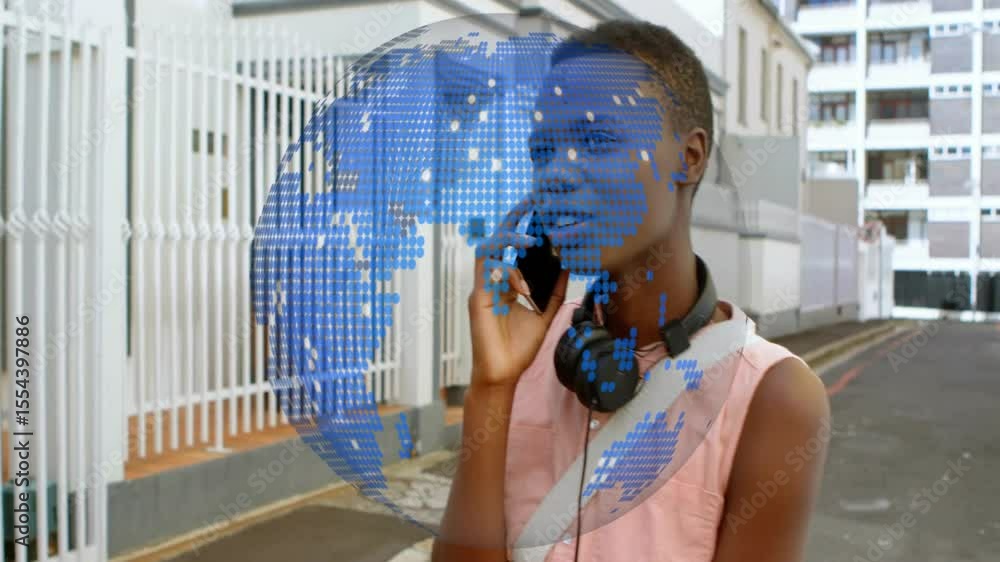 Aufkleber woman making smartphone call causing rotating globe overlay shapes in technology