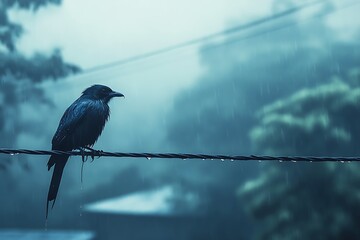 Solemn Crow Perched on Wire During Rainstorm Natural Wildlife in Tranquil, Rainy Weather