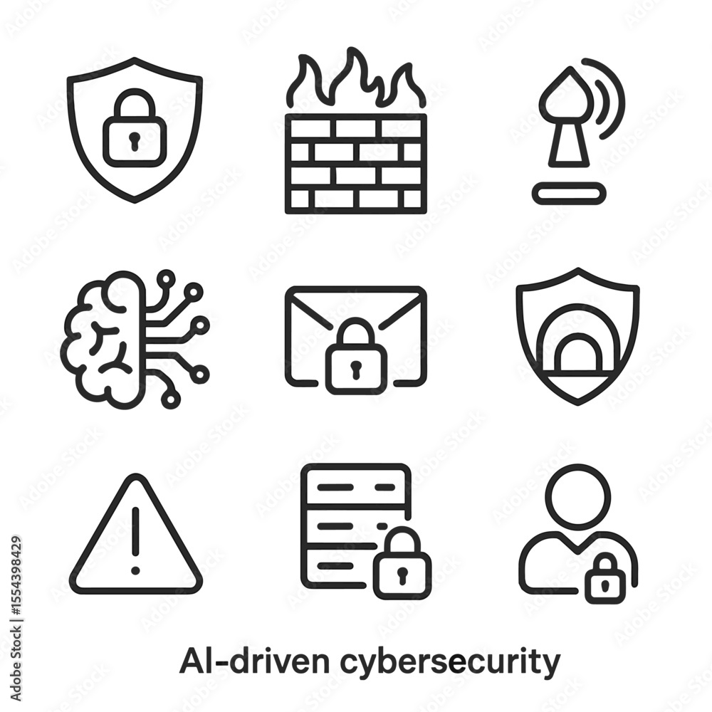 Poster ai cybersecurity icons. outline icon set of ai-driven cybersecurity: shield lock, firewall, intrusio