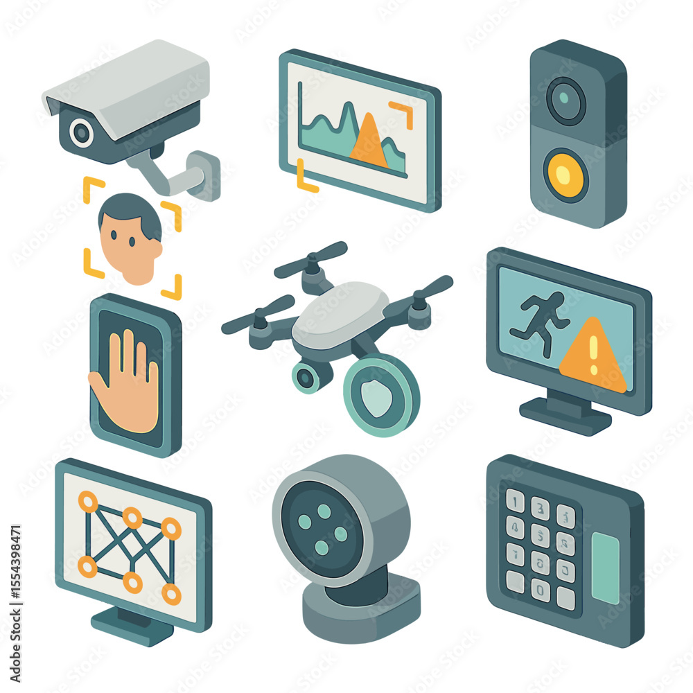 Poster ai security icon set. isometric flat icon set of ai in security and surveillance: facial recognition