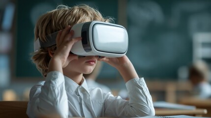 Child using VR headset in modern classroom, futuristic education experience, space for innovation text