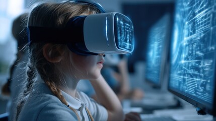 Child using VR headset in modern classroom, futuristic education experience, space for innovation text