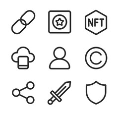 Fototapeta premium AI Art Ownership Icons. Outline icon set of AI art ownership debates: chain link, token, NFT, cloud storage, user profile,