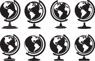 set of globe with stand silhouette, black and white silhouette, vector and illustration