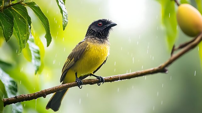 Sootyheaded Bulbul Perched on a Branch During Rain, Featuring Black and Yellow Plumage