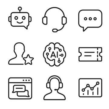 AI Customer Service Icons. Outline icon set of AI-driven Customer Service: chatbot, headset, speech bubble, user rating star, AI