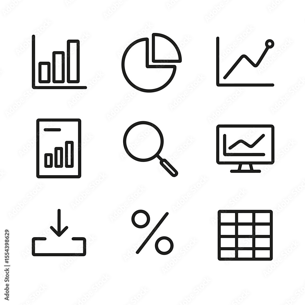 Poster analytics icon set. outline icon set of analytics and reporting: bar chart, pie chart, line graph, r