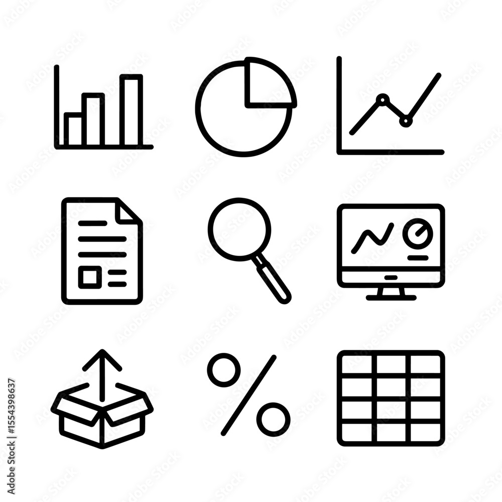 Poster analytics icon set. outline icon set of analytics and reporting: bar chart, pie chart, line graph, r