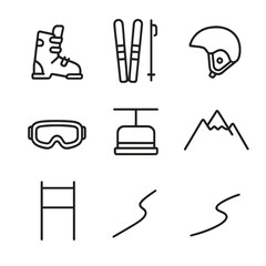 Naklejka na ściany i meble Alpine Skiing Icon Set. Outline icon set of Alpine skiing: ski boots, skis, ski poles, ski helmet, ski goggles, ski lift chair,