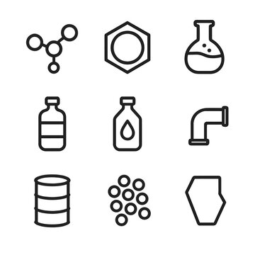 Chemical Icons Grid. Outline icon set of chemical feedstocks: ethylene molecule, benzene ring, methanol flask, ammonia canister,