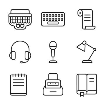 Court Reporter Icons. Outline icon set of Court Reporter Desk Unoccupied: stenography machine, keyboard, transcription paper roll,