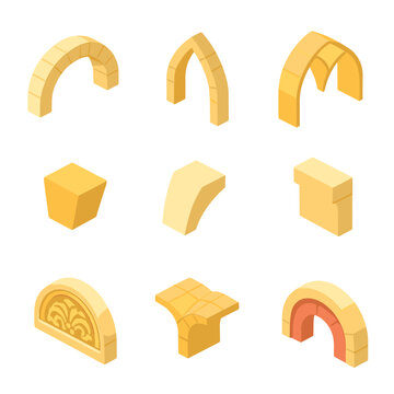 Arch and Vault Icons. Isometric Flat icon set of arch and vault construction: semicircular arch, pointed arch, ribbed vault,