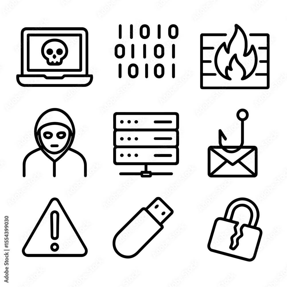Poster cybersecurity icons set. outline icon set of cyber investigations and hacking exposés: laptop with s