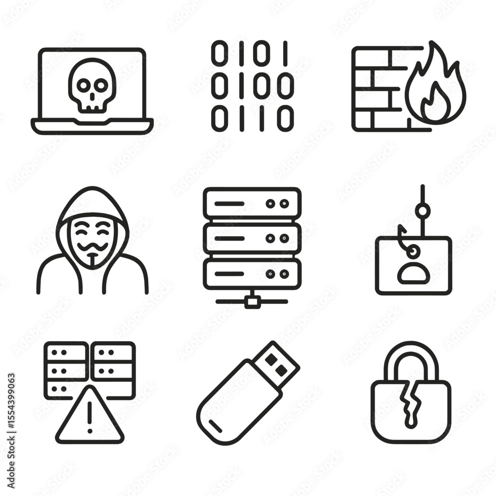 Poster cybersecurity icons set. outline icon set of cyber investigations and hacking exposés: laptop with s