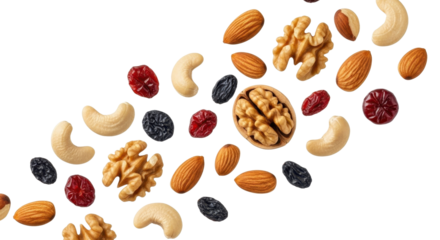 Assorted nuts and dried cranberries flying in dynamic arrangement isolated PNG with Transparent Background