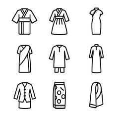 Asian Garments Icons. Outline icon set of Asian traditional garments: kimono, hanbok, cheongsam, sari, shalwar kameez, ao dai,