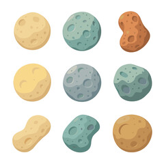 Obraz premium Asteroid Belt Icons. Isometric Flat icon set of asteroid belt features: Vesta, Pallas, Juno, Hygiea, Eros, Gaspra, Ida, Davida,