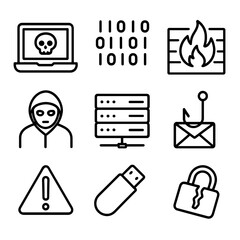 Cybersecurity Icons Set. Outline icon set of cyber investigations and hacking exposés: laptop with skull icon, binary code streams