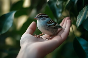 Sparrow Perched Gently on Open Palm Amidst Green Foliage, Serene Wildlife Encounter
