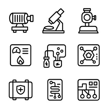 Astrobiology Instrument Icons. Outline icon set of astrobiology instruments: biosignature spectrometer, fluorescence detector,