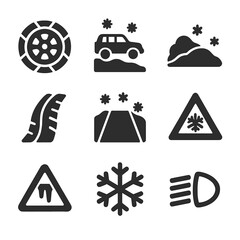 Snow Terrain Travel Icons. Solid, filled icons set of snowy terrain travel: tire with grip chains, SUV in snow