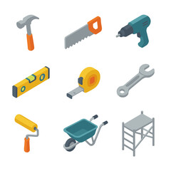 Construction Tools Icons. Isometric Flat icon set of construction tools: hammer, saw, electric drill, spirit level, measuring tape